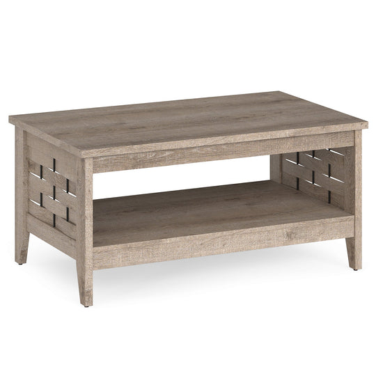2-Tier Farmhouse Coffee Table with Open Shelf and Woven Decorations for Living Room