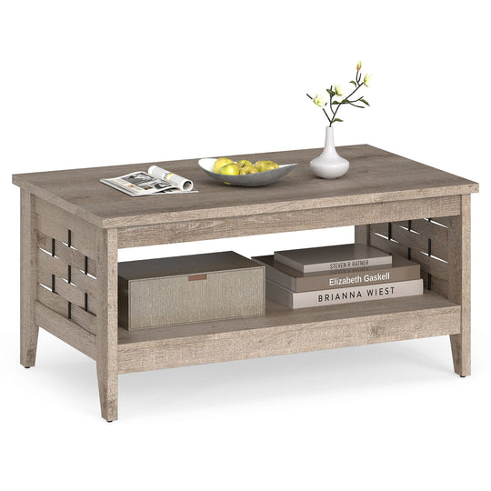 2-Tier Farmhouse Coffee Table with Open Shelf and Woven Decorations for Living Room