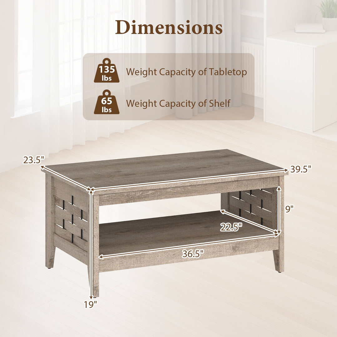 2-Tier Farmhouse Coffee Table with Open Shelf and Woven Decorations for Living Room