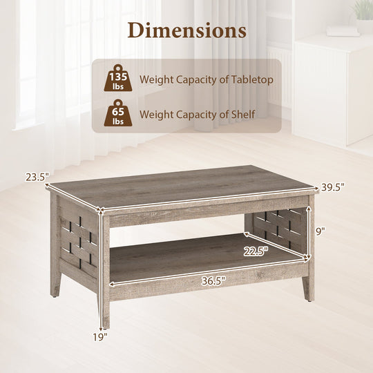 2-Tier Farmhouse Coffee Table with Open Shelf and Woven Decorations for Living Room