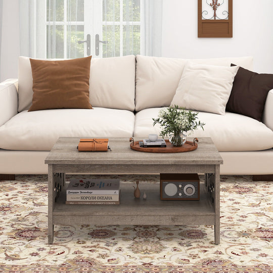 2-Tier Farmhouse Coffee Table with Open Shelf and Woven Decorations for Living Room