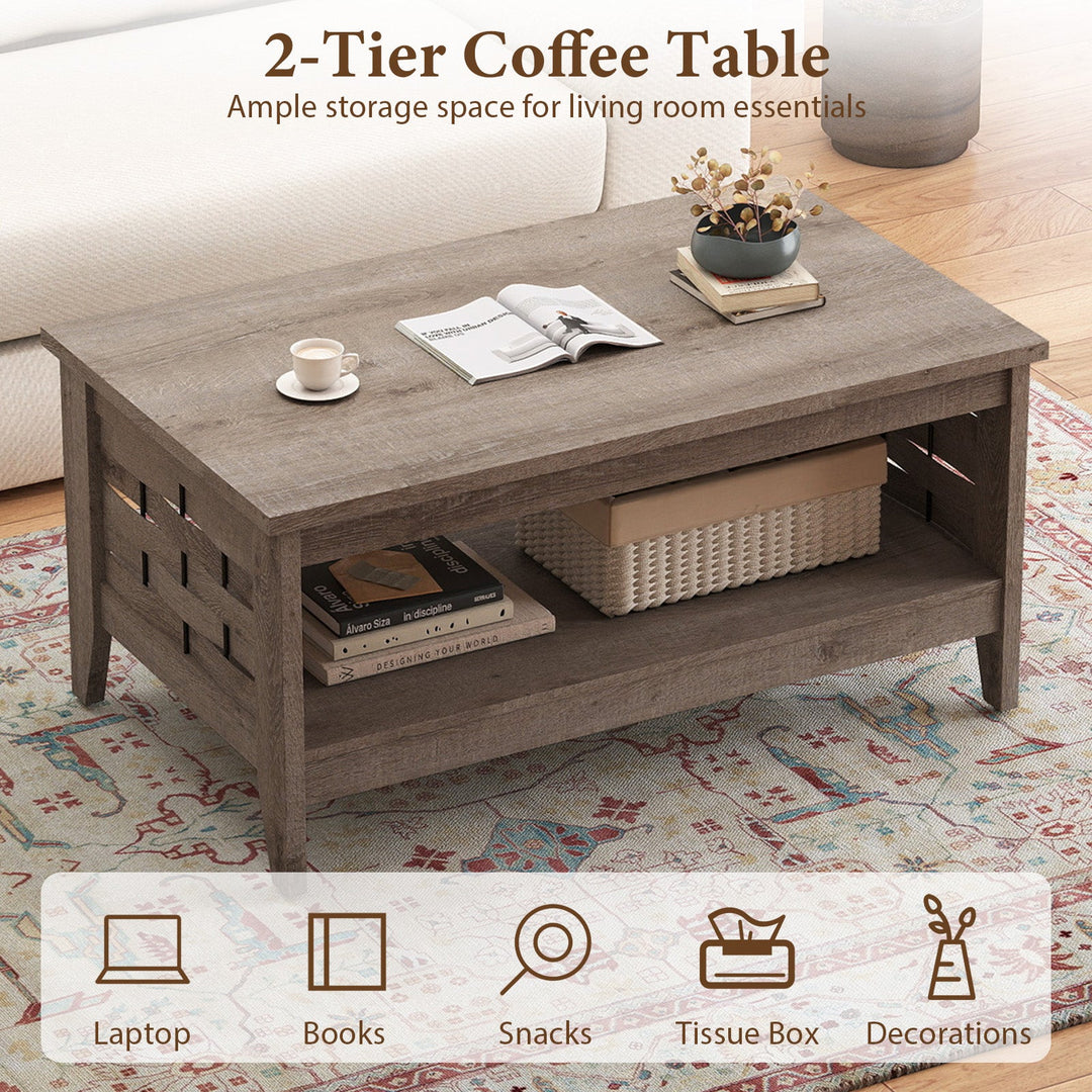 2-Tier Farmhouse Coffee Table with Open Shelf and Woven Decorations for Living Room