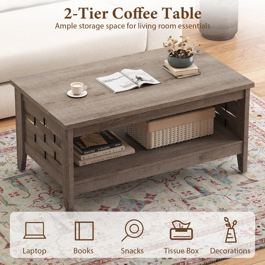 2-Tier Farmhouse Coffee Table with Open Shelf and Woven Decorations for Living Room