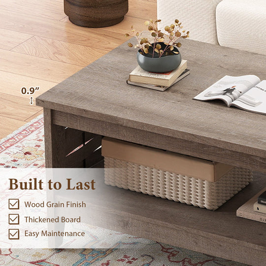 2-Tier Farmhouse Coffee Table with Open Shelf and Woven Decorations for Living Room