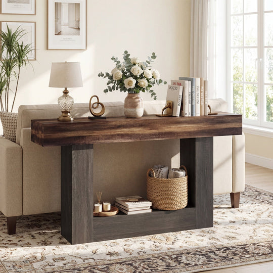 2-Tier Farmhouse Console Table 63" Long with Storage Shelf