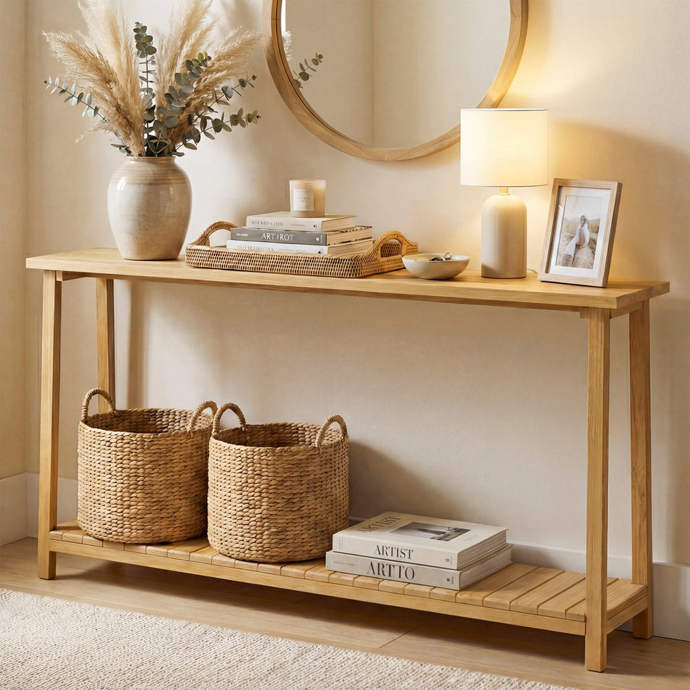 2-Tier Farmhouse Sofa Table with Teak Wood Frame and Storage Shelf