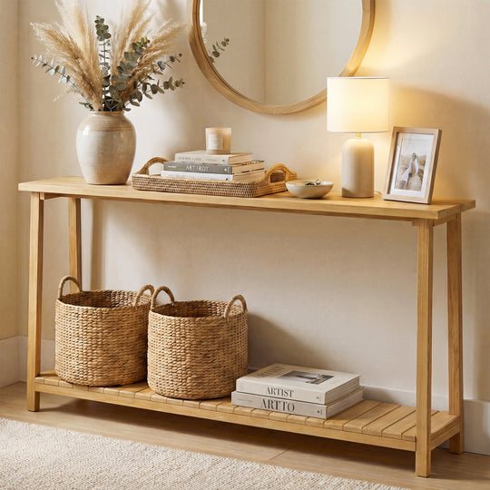 2-Tier Farmhouse Sofa Table with Teak Wood Frame and Storage Shelf