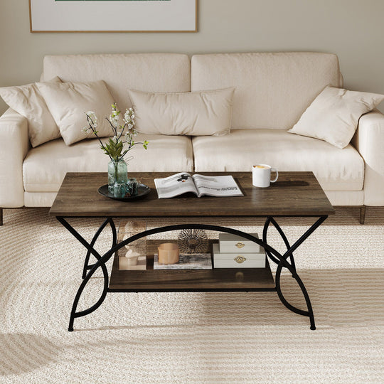 2-Tier Rectangle Coffee Table with Marble Pattern Top