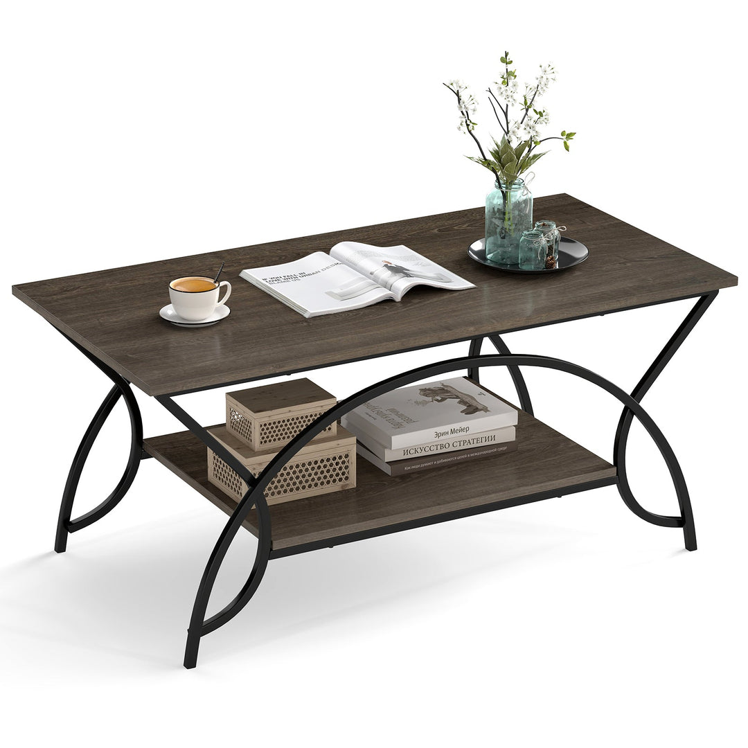 2-Tier Rectangle Coffee Table with Marble Pattern Top