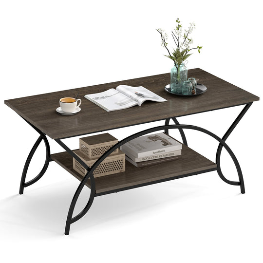2-Tier Rectangle Coffee Table with Marble Pattern Top