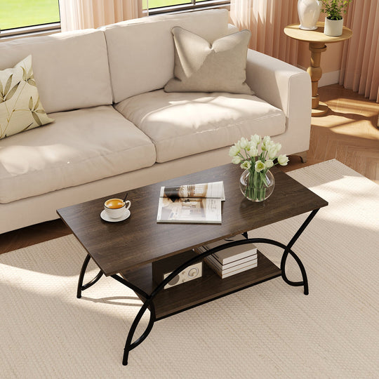2-Tier Rectangle Coffee Table with Marble Pattern Top