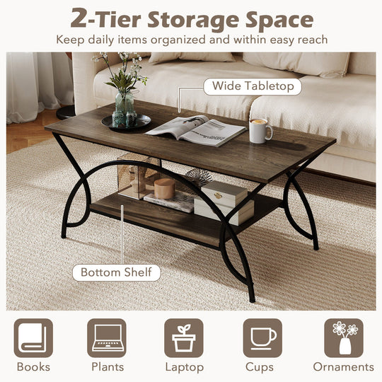 2-Tier Rectangle Coffee Table with Marble Pattern Top