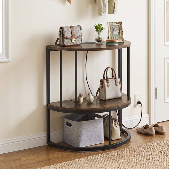 Half Moon Console Table with Power Outlets & Storage Shelf