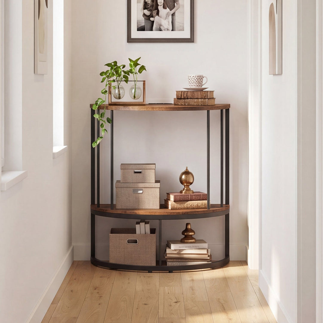 Half Moon Console Table with Power Outlets & Storage Shelf