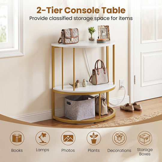 Half Moon Console Table with Power Outlets & Storage Shelf