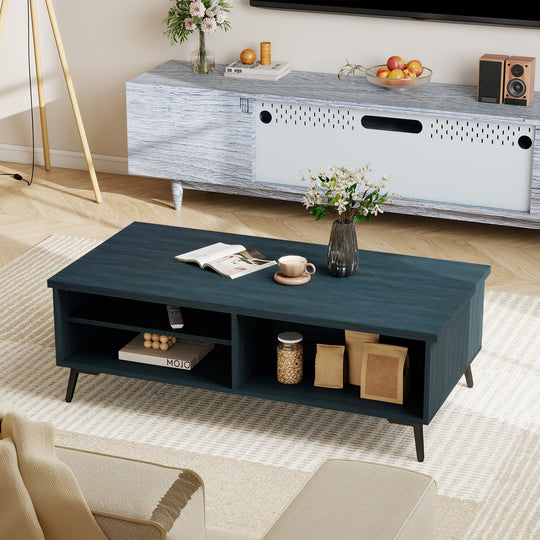 2-Tier Mid Century Modern Coffee Table with Storage Shelves Compartments