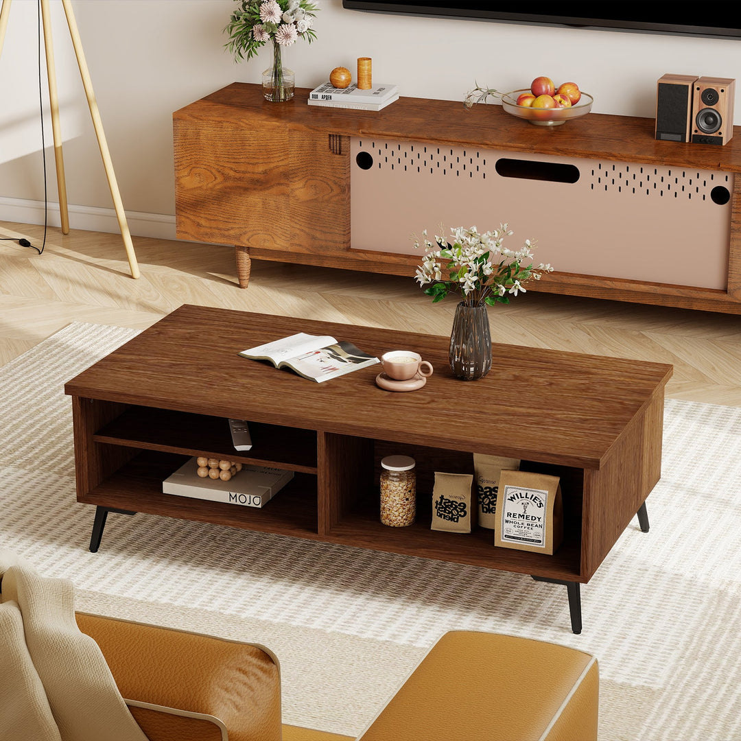 2-Tier Mid Century Modern Coffee Table with Storage Shelves Compartments