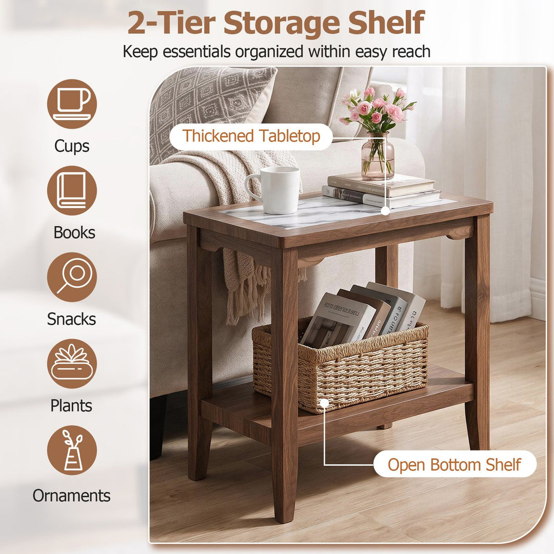 2-Tier Narrow Side Table with Storage Shelf and Tempered Glass Top for Bedside Spaces