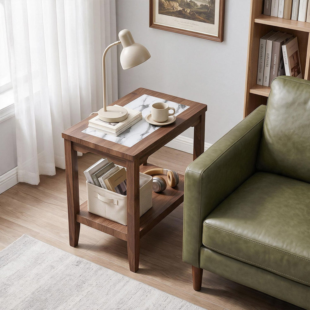 2-Tier Narrow Side Table with Storage Shelf and Tempered Glass Top for Bedside Spaces