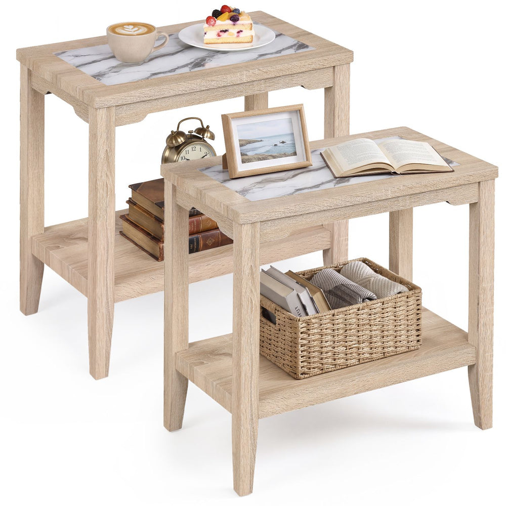 2-Tier Narrow Side Table with Storage Shelf and Tempered Glass Top for Bedside Spaces Set of 2