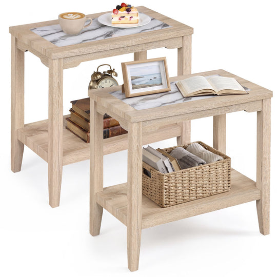 2-Tier Narrow Side Table with Storage Shelf and Tempered Glass Top for Bedside Spaces Set of 2