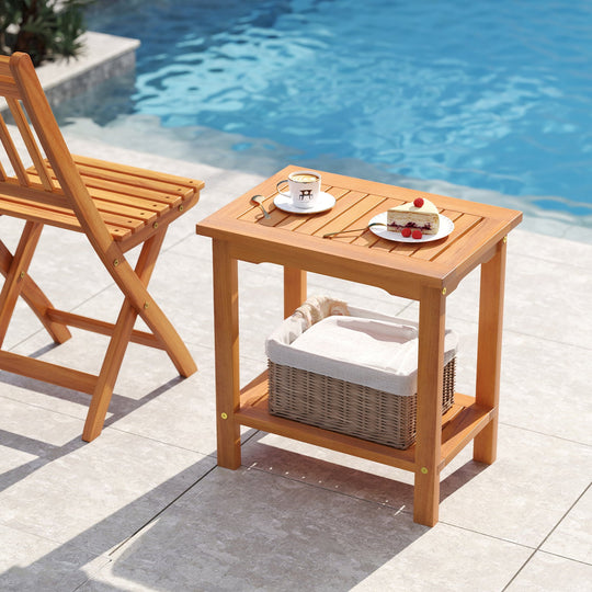 2-Tier Outdoor Acacia Wood Side Table with Slatted Tabletop and Storage Shelf