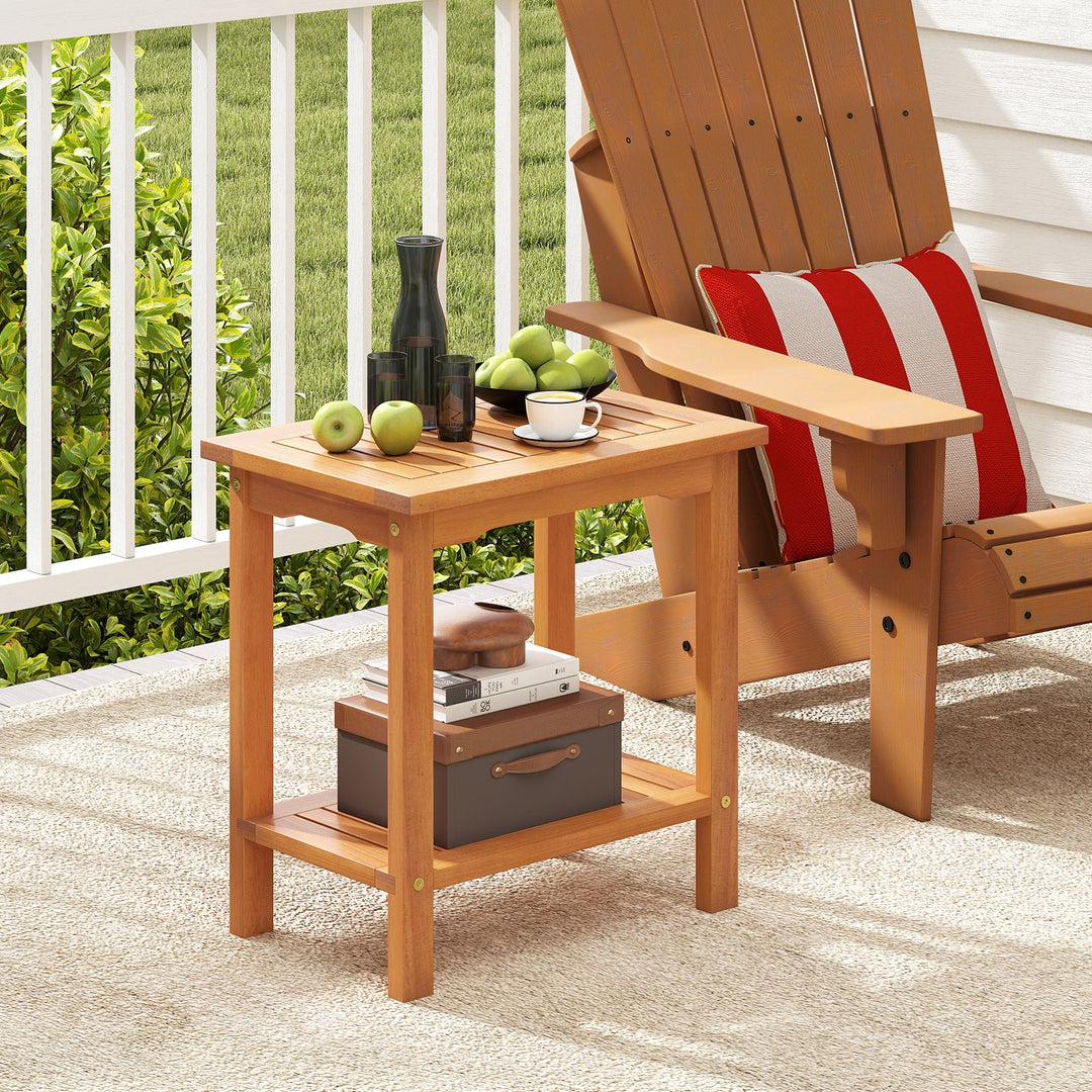 2-Tier Outdoor Acacia Wood Side Table with Slatted Tabletop and Storage Shelf