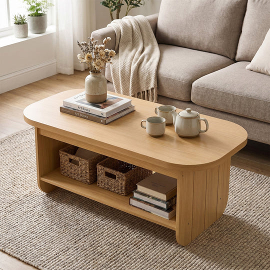 2-Tier Oval Coffee Table for Living Room Mid Century Center Table with Bottom Storage Shelf