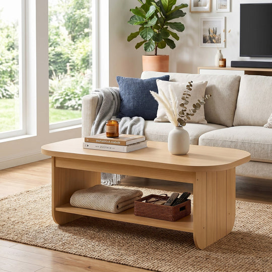 2-Tier Oval Coffee Table for Living Room Mid Century Center Table with Bottom Storage Shelf