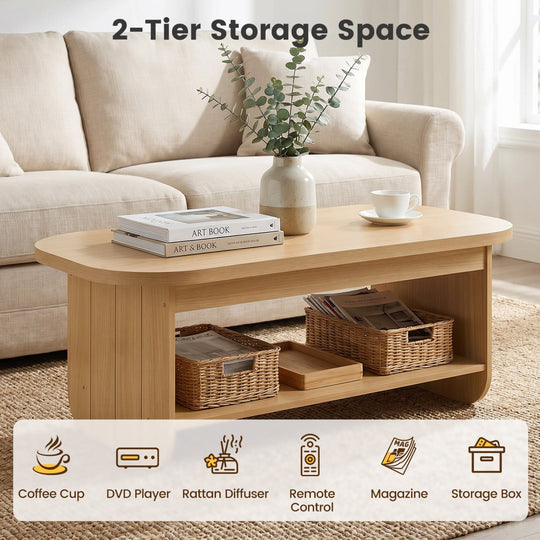 2-Tier Oval Coffee Table for Living Room Mid Century Center Table with Bottom Storage Shelf