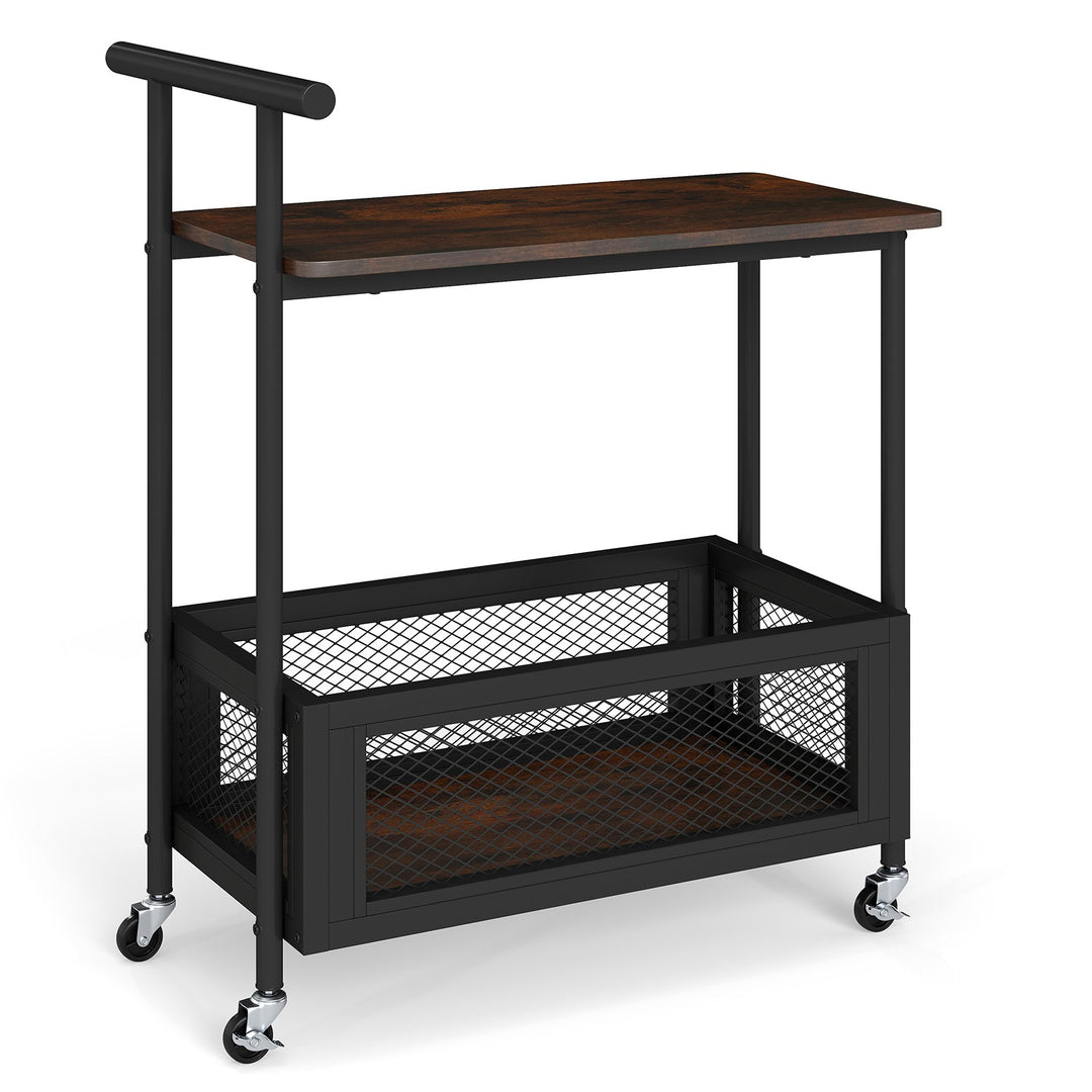 2-Tier Rolling End Table with Handle and Mesh Basket-Rustic Brown