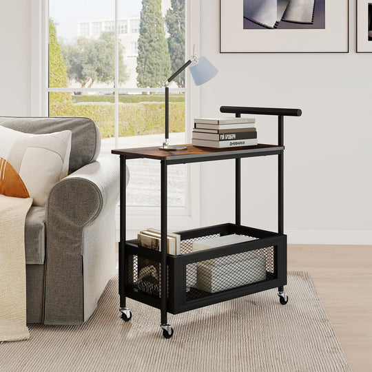 2-Tier Rolling End Table with Handle and Mesh Basket-Rustic Brown