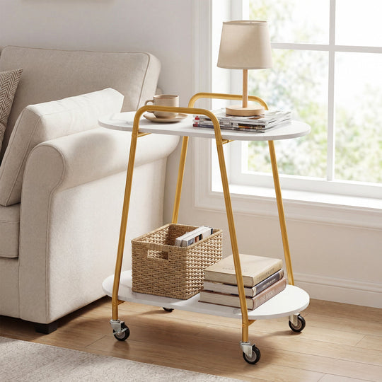 Rolling End Table with Faux Marble Top - 2-Tier Storage