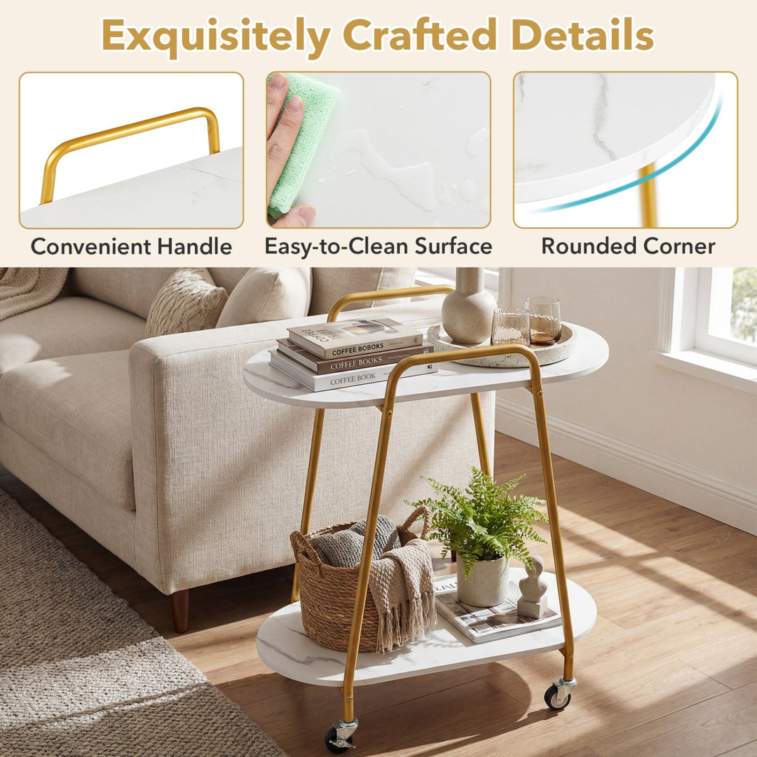 Rolling End Table with Faux Marble Top - 2-Tier Storage