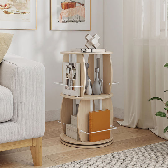 2-Tier Rotating Bookshelf Tower with Display Stands and Side Rails-Oak
