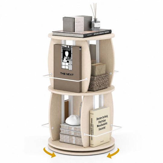 2-Tier Rotating Bookshelf Tower with Display Stands and Side Rails-Oak