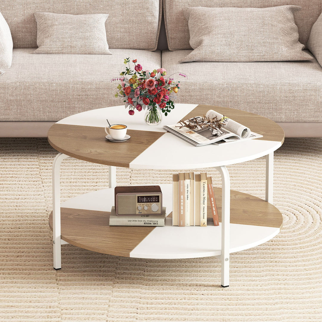 2-Tier Round Coffee Table Metal Frame with Storage Shelf
