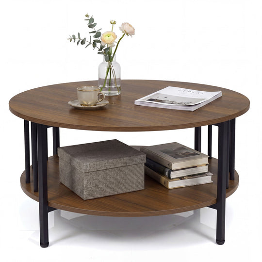 Round Coffee Table with Storage Shelf and Metal Frame