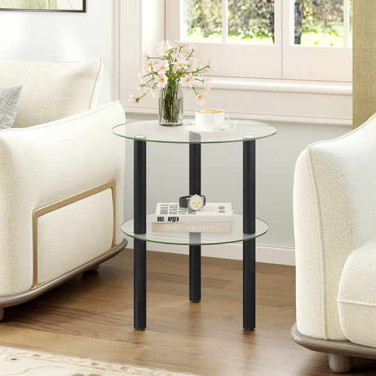 Round End Table with Tempered Glass Top and Shelf
