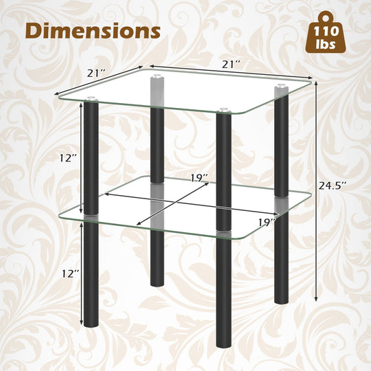 Square End Table with Tempered Glass Top and Shelf