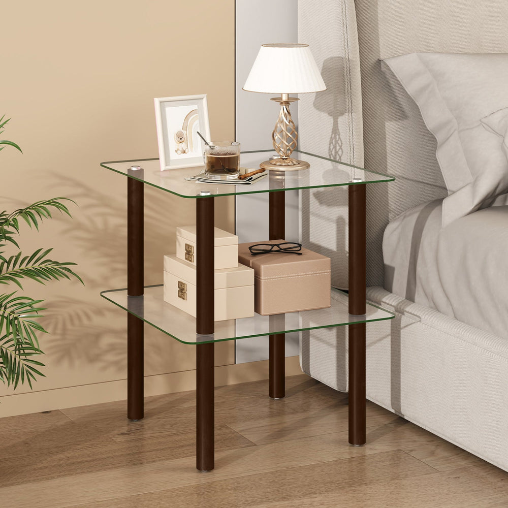 Square End Table with Tempered Glass Top and Shelf
