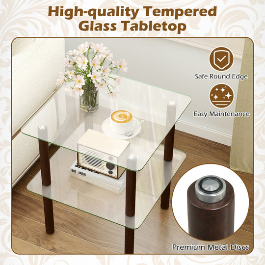 Square End Table with Tempered Glass Top and Shelf