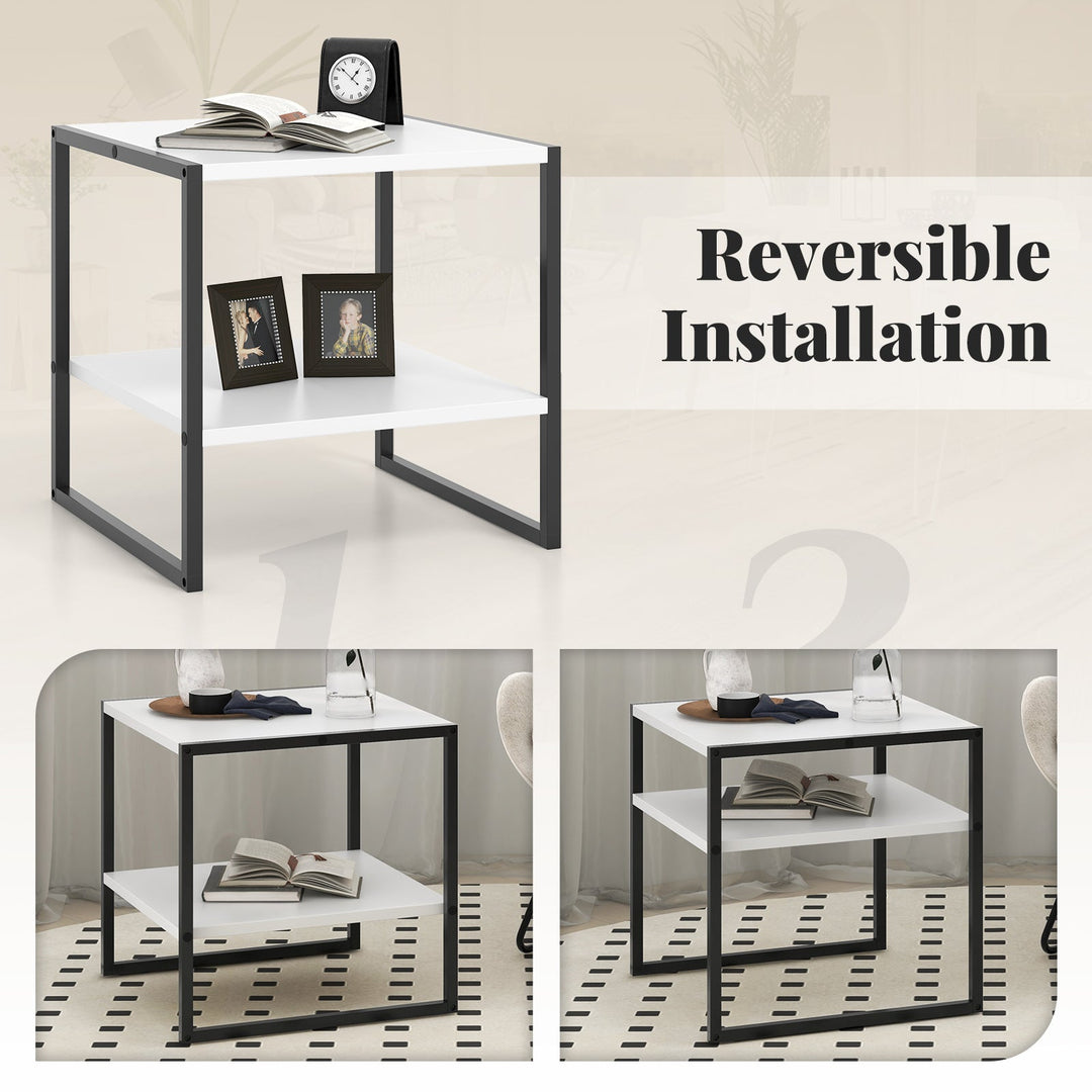 2-Tier Square End Table with Storage Shelf Reversible Design-White