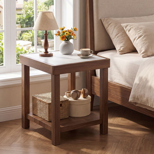 2-Tier Square Side Table with Faux Marble Top for Living Room-Walnut