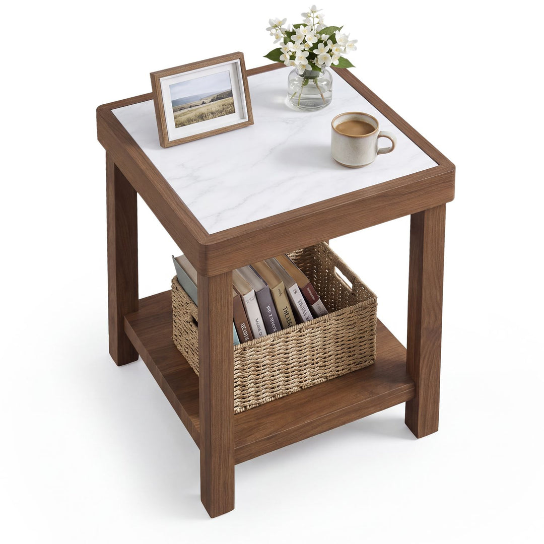 2-Tier Square Side Table with Faux Marble Top for Living Room-Walnut