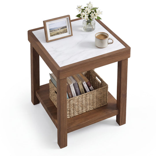 2-Tier Square Side Table with Faux Marble Top for Living Room-Walnut
