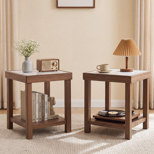 2-Tier Square Side Table with Faux Marble Top for Living Room Set of 2-Brown