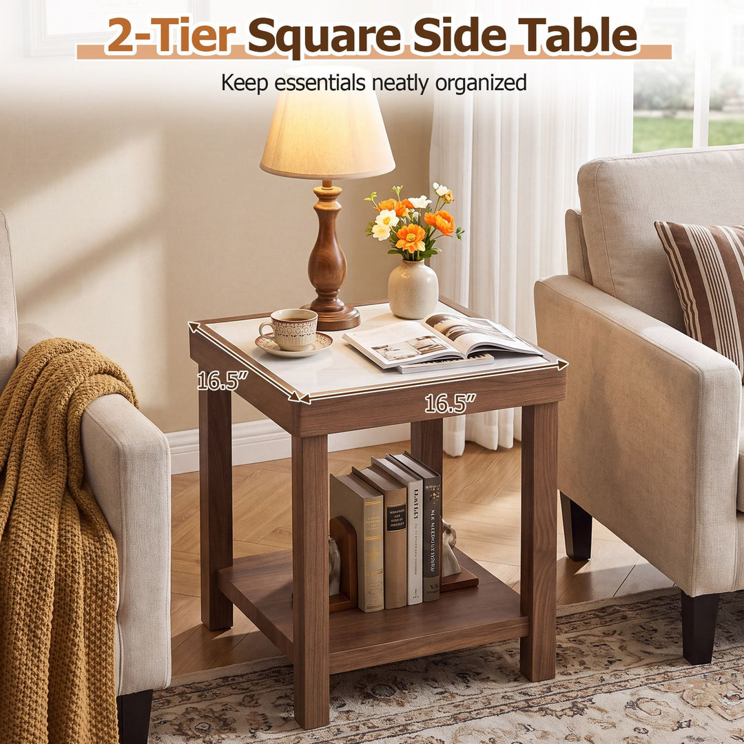 2-Tier Square Side Table with Faux Marble Top for Living Room Set of 2-Brown