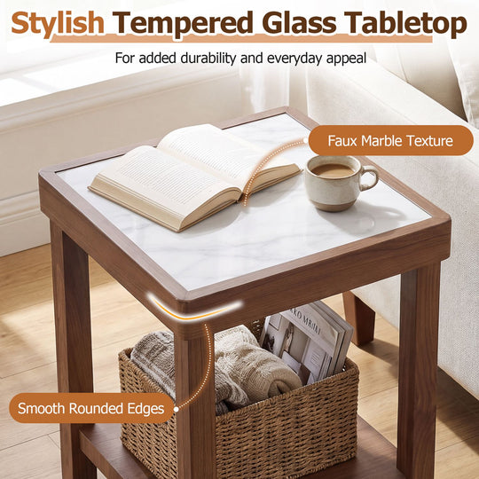 2-Tier Square Side Table with Faux Marble Top for Living Room Set of 2-Brown
