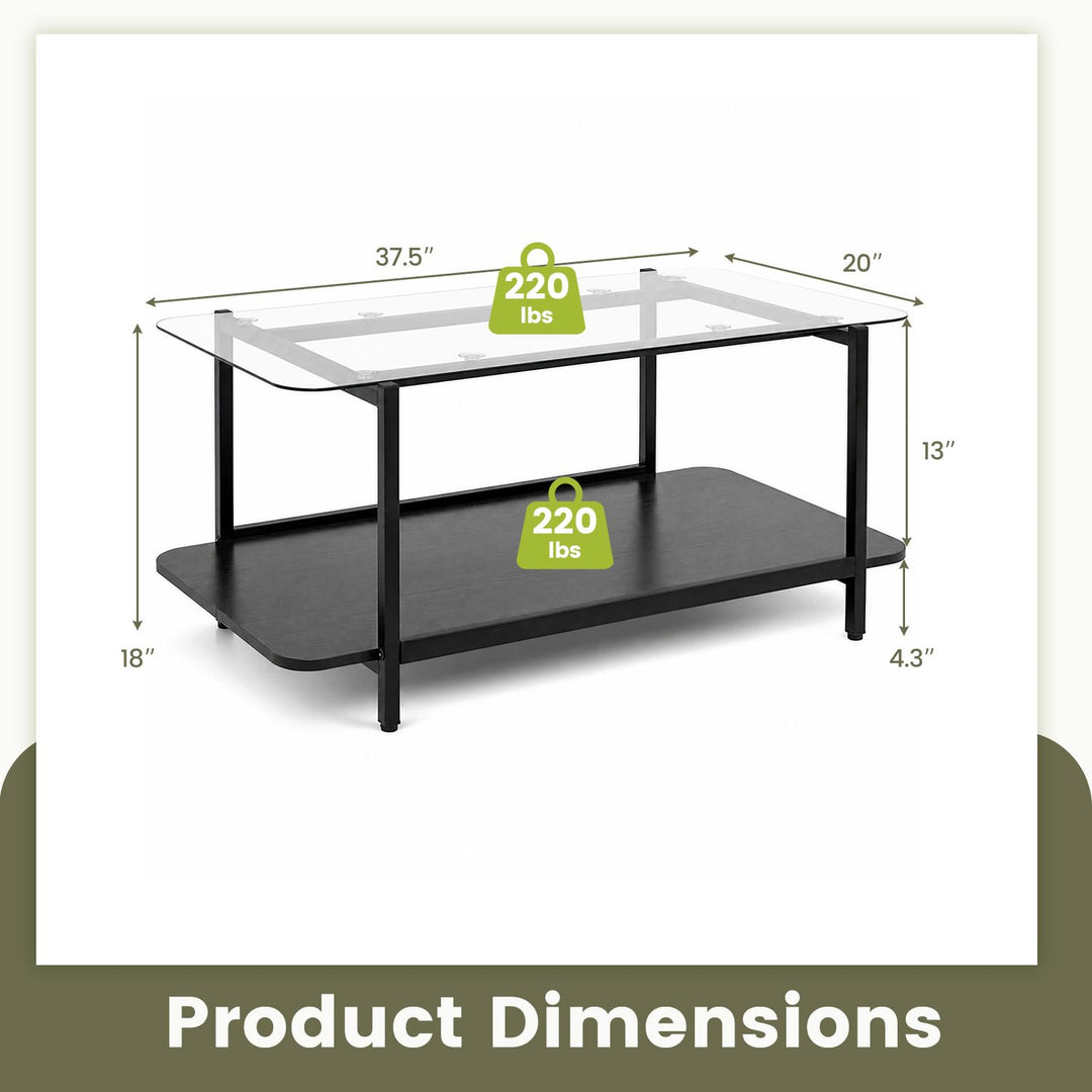 2-Tier Tempered Glass Coffee Table with Storage Shelf-Black